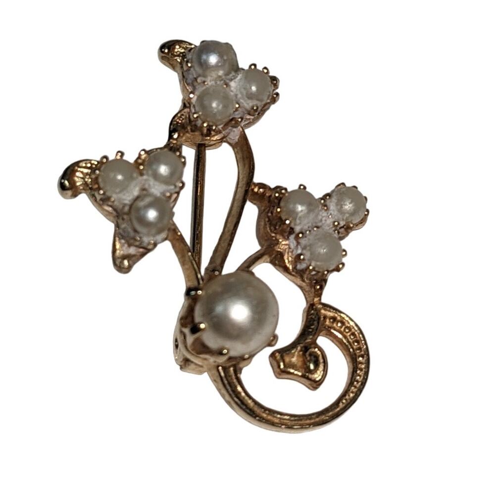 Vintage Faux Pearl Cluster Golden Floral Filigree Brooch Costume Jewel